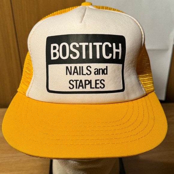 Vintage Bostitch Nails‎ and Staples Trucker Hat Mesh Snapback Yellow - Picture 1 of 7